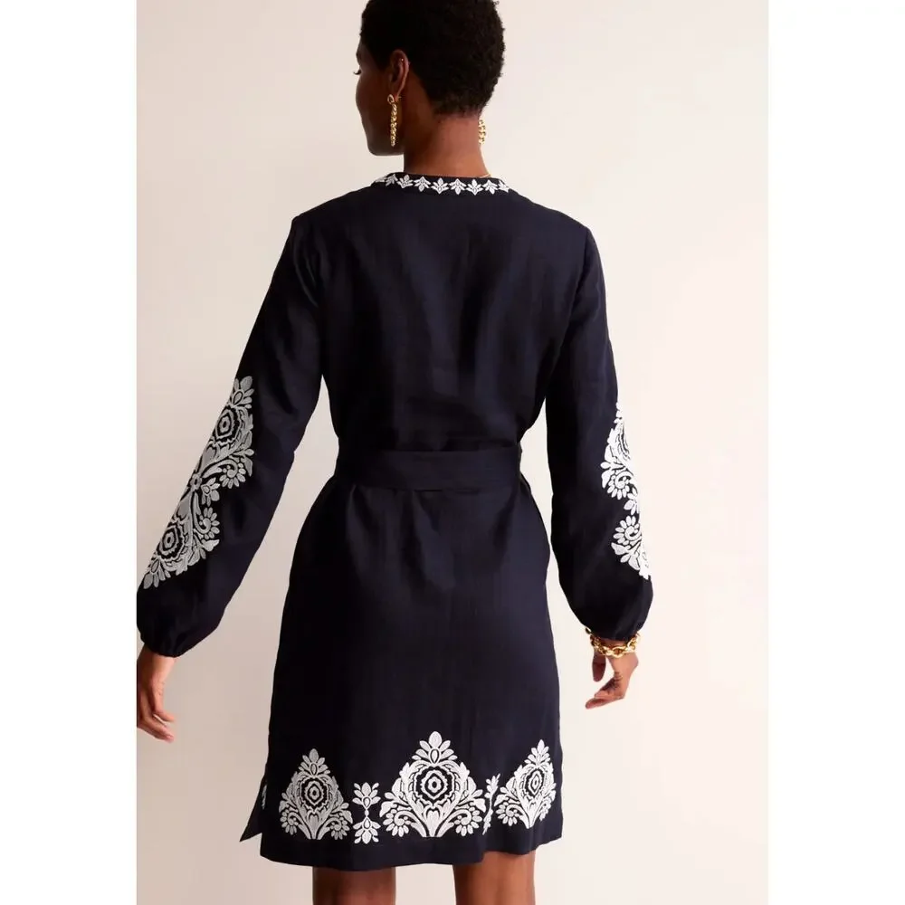 Boden Cleo Embroidered Linen Dress Navy White Long Sleeve Belted Size 14 - Picture 5 of 10